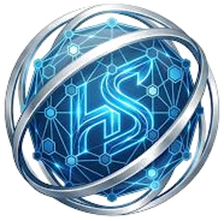 Hytech Solution Group emblem: a network globe with orbit rings